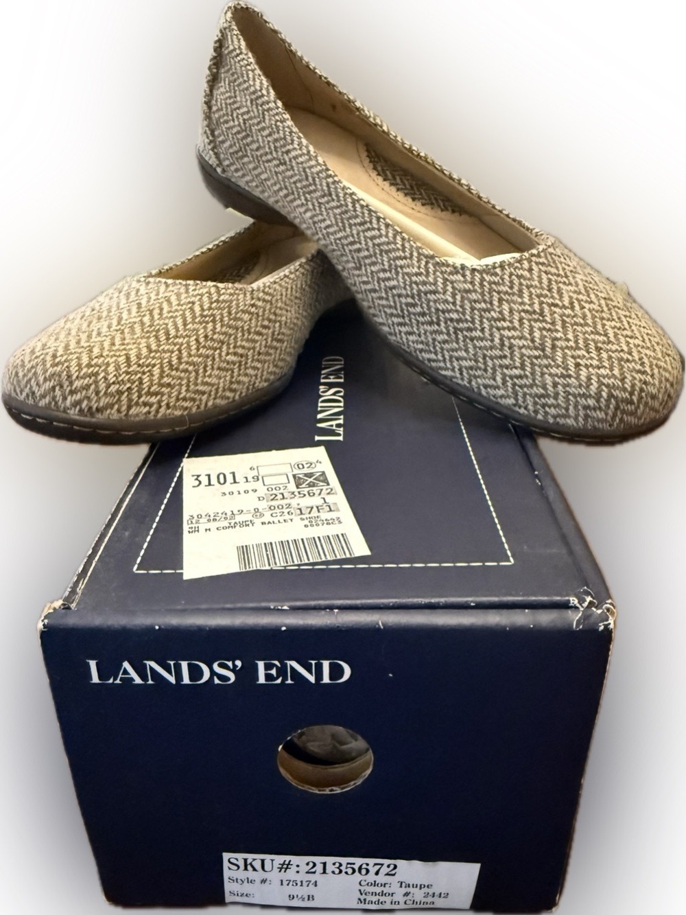 Lands’ End Womens Size 9.5 Ballet Flats Taupe Tweed Comfort Slip On Shoes